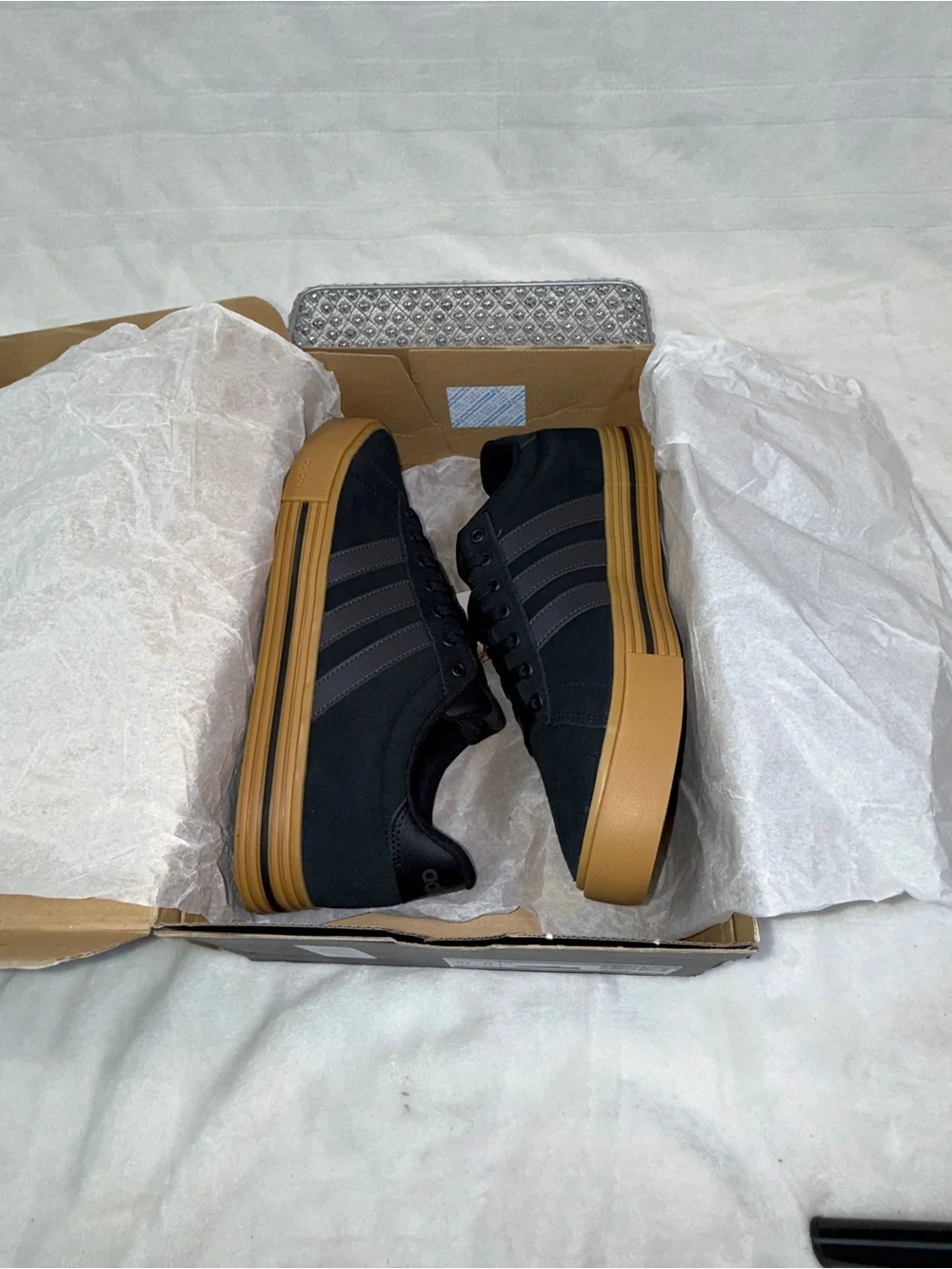 NIB Adidas Black Canvas Men's 10, women’s 11 Sneakers with Gum Sole